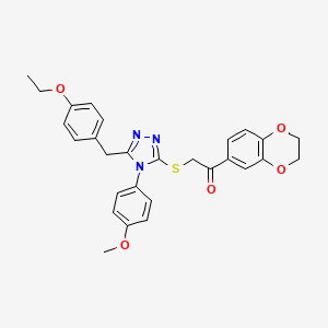 molecular formula C28H27N3O5S B2485443 1-(2,3-dihydrobenzo[b][1,4]dioxin-6-yl)-2-((5-(4-ethoxybenzyl)-4-(4-methoxyphenyl)-4H-1,2,4-triazol-3-yl)thio)ethanone CAS No. 326014-77-1