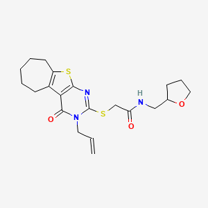 molecular formula C21H27N3O3S2 B2485485 2-((3-allyl-4-oxo-4,5,6,7,8,9-hexahydro-3H-cyclohepta[4,5]thieno[2,3-d]pyrimidin-2-yl)thio)-N-((tetrahydrofuran-2-yl)methyl)acetamide CAS No. 667913-06-6