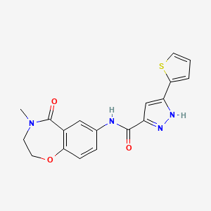 molecular formula C18H16N4O3S B2485528 N-(4-methyl-5-oxo-2,3,4,5-tetrahydrobenzo[f][1,4]oxazepin-7-yl)-3-(thiophen-2-yl)-1H-pyrazole-5-carboxamide CAS No. 1322788-63-5