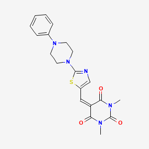 molecular formula C20H21N5O3S B2485573 1,3-二甲基-5-{[2-(4-苯基哌嗪)-1,3-噻唑-5-基]甲亚}-2,4,6(1H,3H,5H)-嘧啶三酮 CAS No. 866040-34-8