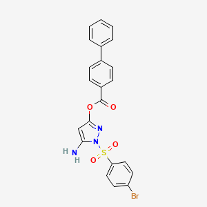 molecular formula C22H16BrN3O4S B2485586 5-amino-1-((4-bromophenyl)sulfonyl)-1H-pyrazol-3-yl [1,1'-biphenyl]-4-carboxylate CAS No. 1017691-59-6
