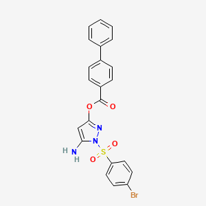 molecular formula C22H16BrN3O4S B2485586 5-氨基-1-((4-溴苯基)磺酰基)-1H-吡唑-3-基[1,1'-联苯]-4-甲酸酯 CAS No. 1017691-59-6