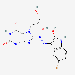 molecular formula C17H16BrN7O5 B2485601 (E)-8-(2-(5-bromo-2-oxoindolin-3-ylidene)hydrazinyl)-7-(2,3-dihydroxypropyl)-3-methyl-1H-purine-2,6(3H,7H)-dione CAS No. 303969-58-6