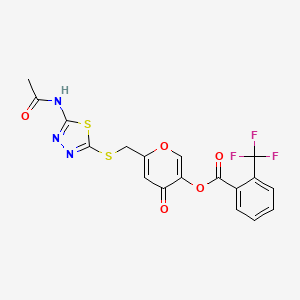 molecular formula C18H12F3N3O5S2 B2485645 6-(((5-acetamido-1,3,4-thiadiazol-2-yl)thio)methyl)-4-oxo-4H-pyran-3-yl 2-(trifluoromethyl)benzoate CAS No. 896016-55-0