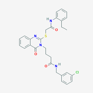 molecular formula C29H29ClN4O3S B2485720 N-[(3-chlorophenyl)methyl]-4-[2-[2-(2-ethylanilino)-2-oxoethyl]sulfanyl-4-oxoquinazolin-3-yl]butanamide CAS No. 451464-91-8