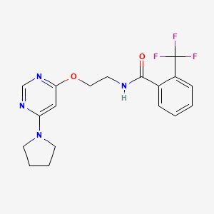 molecular formula C18H19F3N4O2 B2485726 N-(2-((6-(pyrrolidin-1-yl)pyrimidin-4-yl)oxy)ethyl)-2-(trifluoromethyl)benzamide CAS No. 1203164-40-2