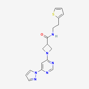 molecular formula C17H18N6OS B2485776 1-(6-(1H-pyrazol-1-yl)pyrimidin-4-yl)-N-(2-(thiophen-2-yl)ethyl)azetidine-3-carboxamide CAS No. 2034581-48-9