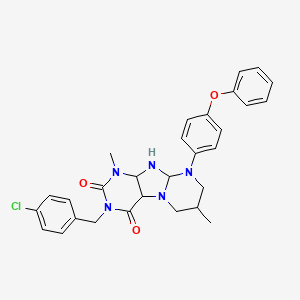 molecular formula C29H26ClN5O3 B2485880 3-[(4-chlorophenyl)methyl]-1,7-dimethyl-9-(4-phenoxyphenyl)-1H,2H,3H,4H,6H,7H,8H,9H-pyrimido[1,2-g]purine-2,4-dione CAS No. 920459-35-4