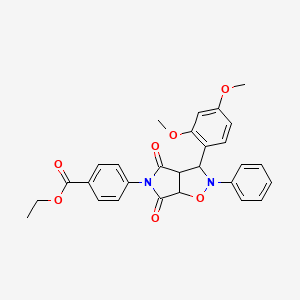 molecular formula C28H26N2O7 B2485892 ethyl 4-[3-(2,4-dimethoxyphenyl)-4,6-dioxo-2-phenylhexahydro-5H-pyrrolo[3,4-d]isoxazol-5-yl]benzoate CAS No. 1005038-54-9