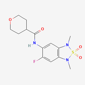 molecular formula C14H18FN3O4S B2485968 N-(6-fluoro-1,3-dimethyl-2,2-dioxido-1,3-dihydrobenzo[c][1,2,5]thiadiazol-5-yl)tetrahydro-2H-pyran-4-carboxamide CAS No. 2034541-68-7