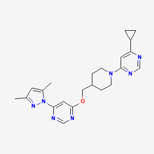 molecular formula C22H27N7O B2485980 4-Cyclopropyl-6-[4-[[6-(3,5-dimethylpyrazol-1-yl)pyrimidin-4-yl]oxymethyl]piperidin-1-yl]pyrimidine CAS No. 2379995-23-8
