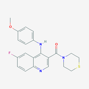 molecular formula C21H20FN3O2S B2486000 (6-Fluoro-4-((4-methoxyphenyl)amino)quinolin-3-yl)(thiomorpholino)methanone CAS No. 1358945-29-5