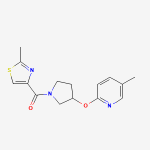 molecular formula C15H17N3O2S B2486011 (3-((5-Methylpyridin-2-yl)oxy)pyrrolidin-1-yl)(2-methylthiazol-4-yl)methanone CAS No. 1903055-57-1