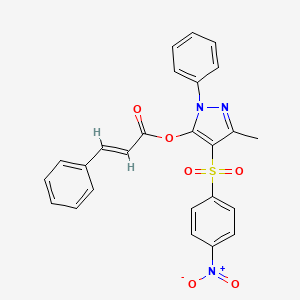 molecular formula C25H19N3O6S B2486023 3-methyl-4-((4-nitrophenyl)sulfonyl)-1-phenyl-1H-pyrazol-5-yl cinnamate CAS No. 851093-72-6