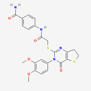 molecular formula C23H22N4O5S2 B2486071 4-(2-((3-(3,4-Dimethoxyphenyl)-4-oxo-3,4,6,7-tetrahydrothieno[3,2-d]pyrimidin-2-yl)thio)acetamido)benzamide CAS No. 877656-11-6