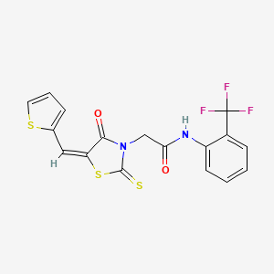 molecular formula C17H11F3N2O2S3 B2486089 (E)-2-(4-oxo-5-(thiophen-2-ylmethylene)-2-thioxothiazolidin-3-yl)-N-(2-(trifluoromethyl)phenyl)acetamide CAS No. 637318-25-3
