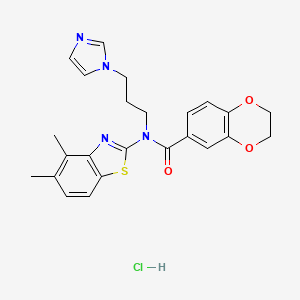 molecular formula C24H25ClN4O3S B2486133 N-(3-(1H-imidazol-1-yl)propyl)-N-(4,5-dimethylbenzo[d]thiazol-2-yl)-2,3-dihydrobenzo[b][1,4]dioxine-6-carboxamide hydrochloride CAS No. 1215728-87-2