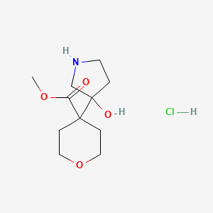 molecular formula C11H20ClNO4 B2486234 Methyl 4-(3-hydroxypyrrolidin-3-yl)oxane-4-carboxylate hydrochloride CAS No. 2172010-21-6
