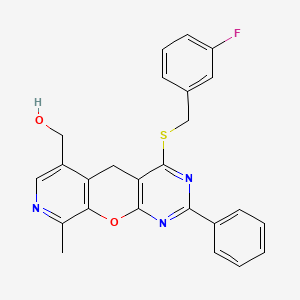 molecular formula C25H20FN3O2S B2486315 (7-{[(3-氟苯基)甲基]磺酰}-14-甲基-5-苯基-2-氧代-4,6,13-三氮杂三环[8.4.0.0^{3,8}]十四碳-1(10),3(8),4,6,11,13-六烯-11-基)甲醇 CAS No. 892416-43-2