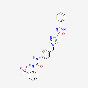 molecular formula C27H21F3N6O2 B2486325 1-(4-((4-(3-(p-tolyl)-1,2,4-oxadiazol-5-yl)-1H-imidazol-1-yl)methyl)phenyl)-3-(2-(trifluoromethyl)phenyl)urea CAS No. 1357831-49-2