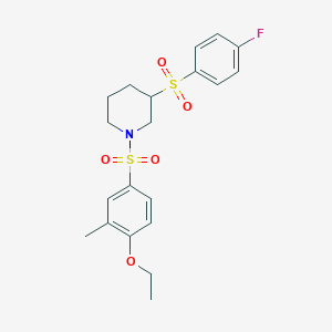 molecular formula C20H24FNO5S2 B2486374 1-((4-Ethoxy-3-methylphenyl)sulfonyl)-3-((4-fluorophenyl)sulfonyl)piperidine CAS No. 1797262-67-9
