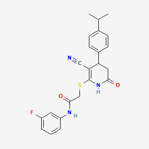 molecular formula C23H22FN3O2S B2486405 2-((3-cyano-4-(4-isopropylphenyl)-6-oxo-1,4,5,6-tetrahydropyridin-2-yl)thio)-N-(3-fluorophenyl)acetamide CAS No. 369397-64-8