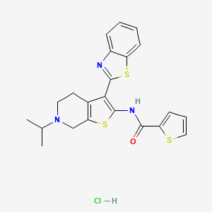 molecular formula C22H22ClN3OS3 B2486428 N-(3-(benzo[d]thiazol-2-yl)-6-isopropyl-4,5,6,7-tetrahydrothieno[2,3-c]pyridin-2-yl)thiophene-2-carboxamide hydrochloride CAS No. 1330325-59-1