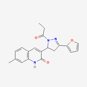 molecular formula C20H19N3O3 B2486486 3-(3-(furan-2-yl)-1-propionyl-4,5-dihydro-1H-pyrazol-5-yl)-7-methylquinolin-2(1H)-one CAS No. 1252421-71-8