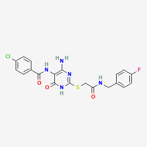 molecular formula C20H17ClFN5O3S B2486537 N-(4-氨基-2-((2-((4-氟苯基)氨基)-2-氧代乙基)硫)-6-氧代-1,6-二氢嘧啶-5-基)-4-氯苯甲酰胺 CAS No. 872597-63-2