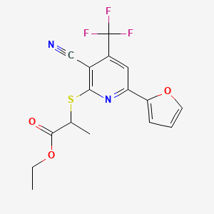 molecular formula C16H13F3N2O3S B2486570 2-[[3-Cyano-6-(2-furanyl)-4-(trifluoromethyl)-2-pyridinyl]thio]propanoic acid ethyl ester CAS No. 625376-49-0