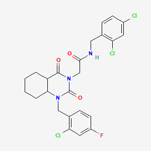 molecular formula C24H17Cl3FN3O3 B2486594 2-{1-[(2-chloro-4-fluorophenyl)methyl]-2,4-dioxo-1,2,3,4-tetrahydroquinazolin-3-yl}-N-[(2,4-dichlorophenyl)methyl]acetamide CAS No. 2415453-38-0