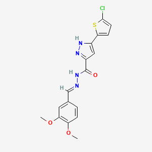 molecular formula C17H15ClN4O3S B2486685 3-(5-chlorothiophen-2-yl)-N'-[(E)-(3,4-dimethoxyphenyl)methylidene]-1H-pyrazole-5-carbohydrazide CAS No. 1284277-09-3