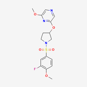 molecular formula C16H18FN3O5S B2486686 2-((1-((3-Fluoro-4-methoxyphenyl)sulfonyl)pyrrolidin-3-yl)oxy)-6-methoxypyrazine CAS No. 2034499-49-3