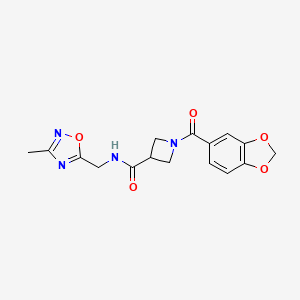 molecular formula C16H16N4O5 B2486735 1-(苯并[d][1,3]二噁杂环-5-甲酰)-N-((3-甲基-1,2,4-噁二唑-5-基)甲基)氮杂环丁烷-3-甲酰胺 CAS No. 1396793-44-4
