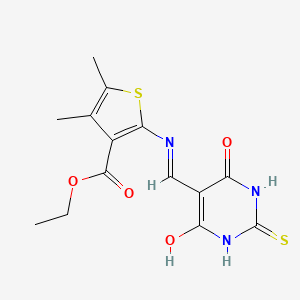 molecular formula C14H15N3O4S2 B2486746 2-[(4,6-二酮-2-硫代-己氢嘧啶-5-基)甲亚胺]-4,5-二甲基噻吩-3-羧酸乙酯 CAS No. 532385-42-5
