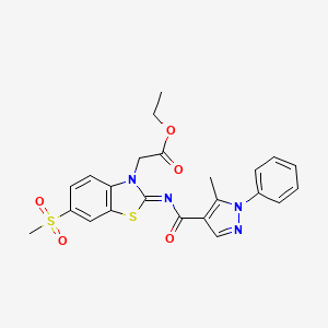 molecular formula C23H22N4O5S2 B2486855 (Z)-ethyl 2-(2-((5-methyl-1-phenyl-1H-pyrazole-4-carbonyl)imino)-6-(methylsulfonyl)benzo[d]thiazol-3(2H)-yl)acetate CAS No. 1173544-62-1