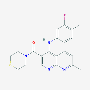 molecular formula C21H21FN4OS B2486894 (4-((3-氟-4-甲基苯基)氨基)-7-甲基-1,8-萘啶-3-基)(硫吗啉基)甲酮 CAS No. 1251627-59-4
