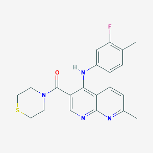 molecular formula C21H21FN4OS B2486894 N-(3-fluoro-4-methylphenyl)-7-methyl-3-(thiomorpholine-4-carbonyl)-1,8-naphthyridin-4-amine CAS No. 1251627-59-4