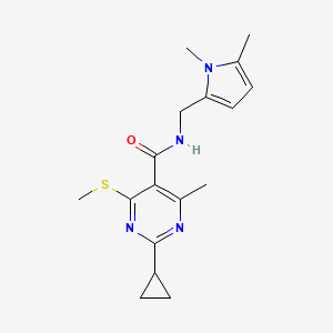 molecular formula C17H22N4OS B2486958 2-Cyclopropyl-N-[(1,5-dimethylpyrrol-2-yl)methyl]-4-methyl-6-methylsulfanylpyrimidine-5-carboxamide CAS No. 1384742-51-1
