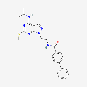 molecular formula C24H26N6OS B2487041 N-(2-(4-(异丙基氨基)-6-(甲硫基)-1H-嘧啶并[3,4-d]嘧啶-1-基)乙基)-[1,1'-联苯]-4-甲酰胺 CAS No. 941941-63-5