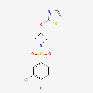 molecular formula C12H10ClFN2O3S2 B2487049 2-((1-((3-Chloro-4-fluorophenyl)sulfonyl)azetidin-3-yl)oxy)thiazole CAS No. 1797161-21-7