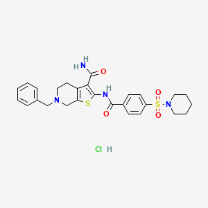 molecular formula C27H31ClN4O4S2 B2487050 6-苄基-2-(4-(哌啶-1-基磺酰)苯甲酰基)-4,5,6,7-四氢噻吩并[2,3-c]吡啶-3-甲酰胺 盐酸盐 CAS No. 1216633-58-7