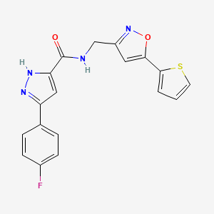 molecular formula C18H13FN4O2S B2487057 3-(4-fluorophenyl)-N-((5-(thiophen-2-yl)isoxazol-3-yl)methyl)-1H-pyrazole-5-carboxamide CAS No. 1257800-44-4