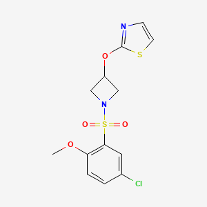 molecular formula C13H13ClN2O4S2 B2487123 2-((1-((5-氯-2-甲氧基苯基)磺酰)吖唑啉-3-基氧基)噻唑 CAS No. 1797905-41-9