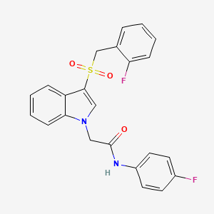 molecular formula C23H18F2N2O3S B2487219 2-(3-((2-氟苯甲基)磺酰)-1H-吲哚-1-基)-N-(4-氟苯基)乙酰胺 CAS No. 891118-79-9