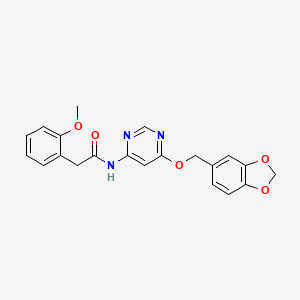 molecular formula C21H19N3O5 B2487249 N-(6-(benzo[d][1,3]dioxol-5-ylmethoxy)pyrimidin-4-yl)-2-(2-methoxyphenyl)acetamide CAS No. 1421522-49-7