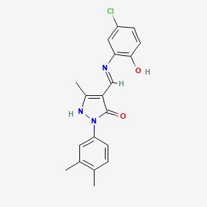 molecular formula C19H18ClN3O2 B2487261 4-{[(5-氯-2-羟基苯基)氨基]甲亚基}-2-(3,4-二甲基苯基)-5-甲基-2,4-二氢-3H-吡唑-3-酮 CAS No. 310456-09-8