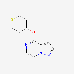 molecular formula C12H15N3OS B2487295 2-甲基-4-(噻-4-氧基)吡唑并[1,5-a]嘧啶 CAS No. 2198577-14-7