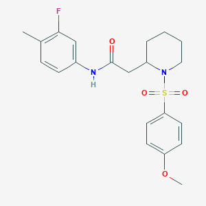 molecular formula C21H25FN2O4S B2487306 N-(3-氟-4-甲基苯基)-2-(1-((4-甲氧基苯基)磺酰基)哌啶-2-基)乙酰胺 CAS No. 941905-21-1