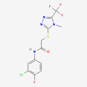 molecular formula C12H9ClF4N4OS B2487315 N-(3-chloro-4-fluorophenyl)-2-{[4-methyl-5-(trifluoromethyl)-4H-1,2,4-triazol-3-yl]sulfanyl}acetamide CAS No. 263756-84-9